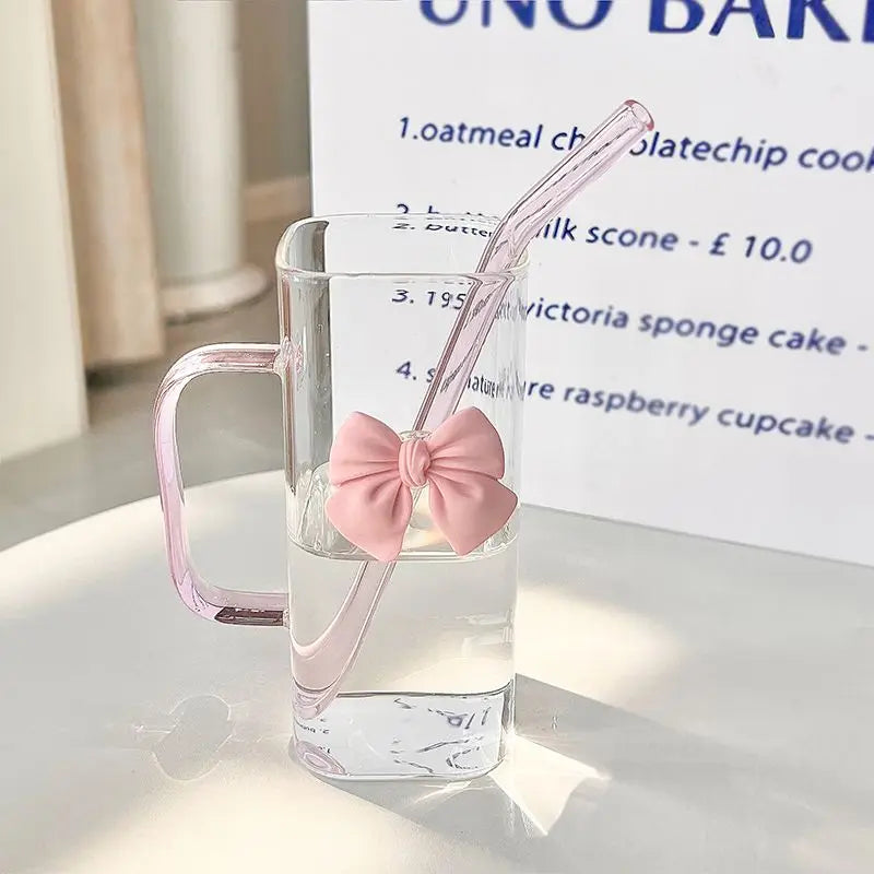 Cute Glass Mug with Bow & Straw
