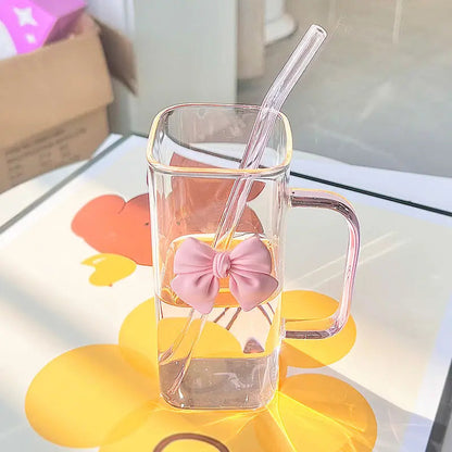 Cute Glass Mug with Bow & Straw