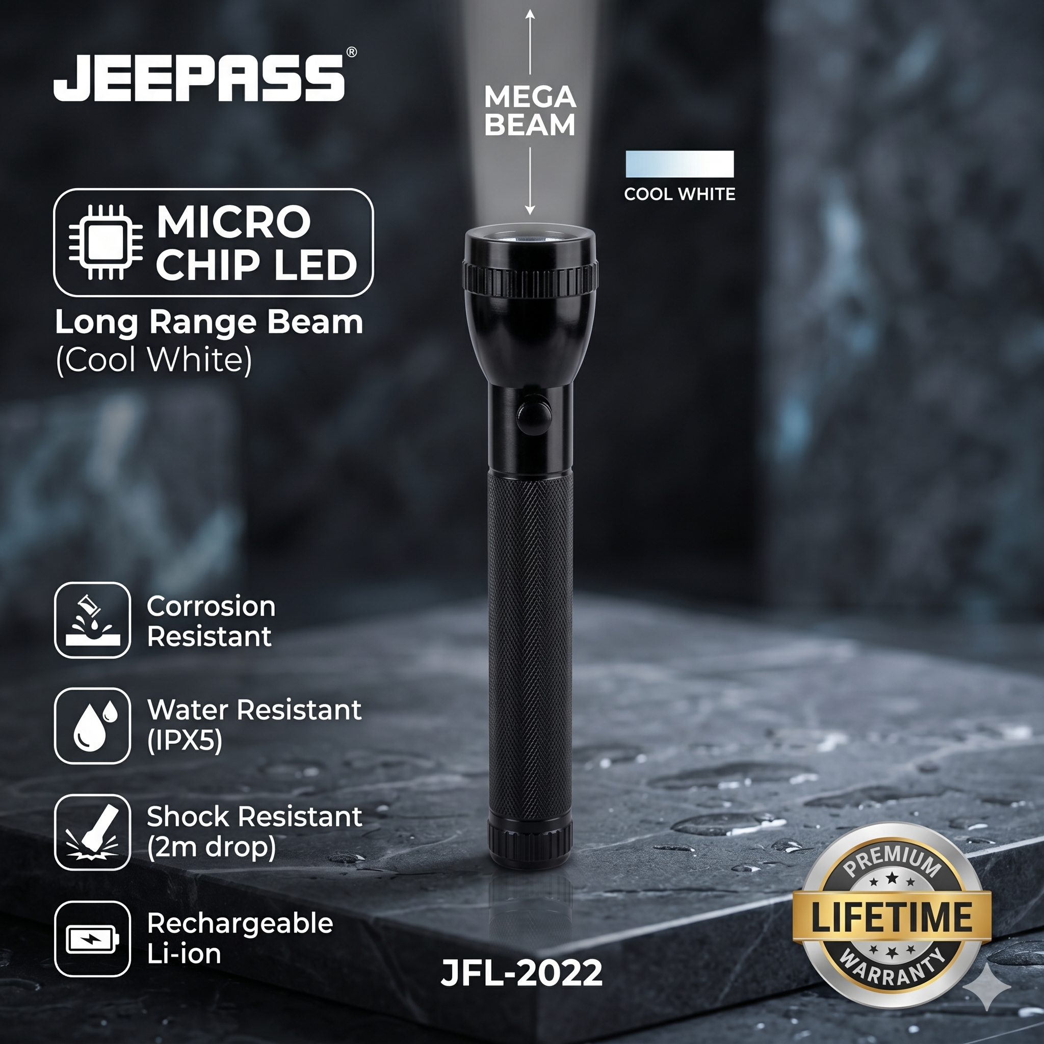 Jeepass JFL-2022 Rechargeable LED Flashlight with Long Range Beam