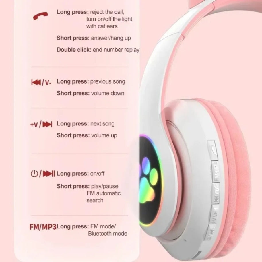 Premium STN-28 RGB Cat Ear Wireless Bluetooth Headphones with LED Light